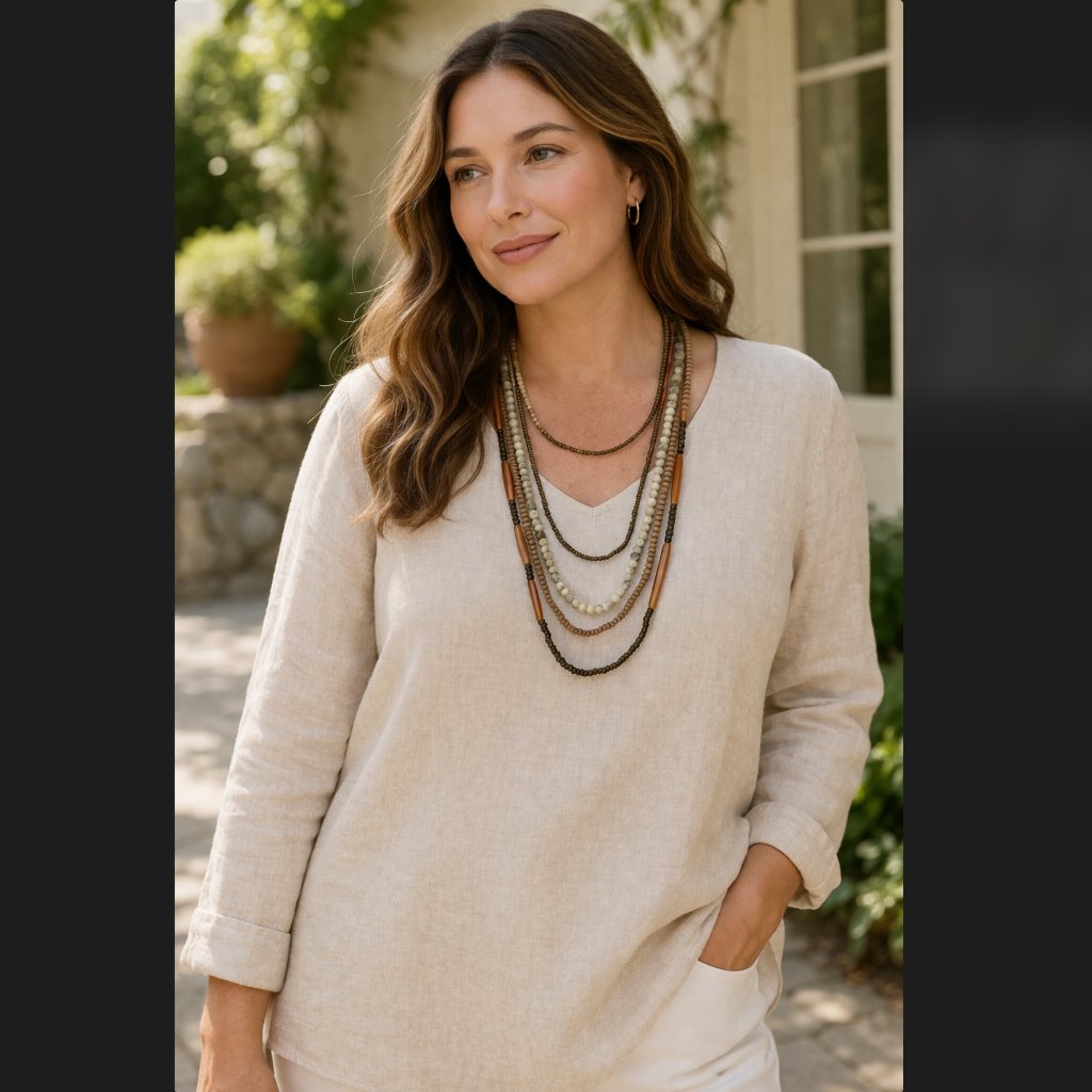 J. Jill Layered Beaded Necklace Brown Cream Wood Adjustable Neutral Boho Nwt